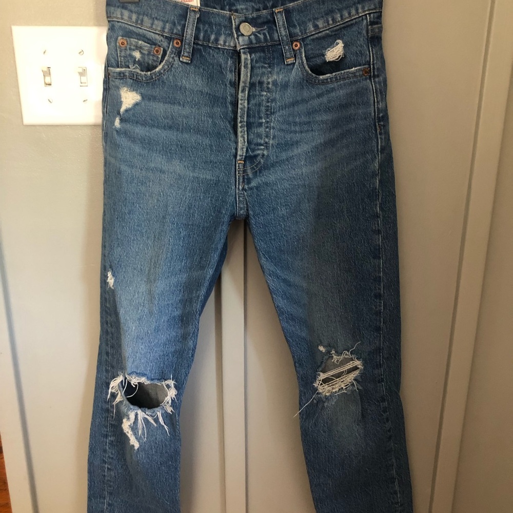 GAP Blue Straight-Leg Jeans with Distressed Details